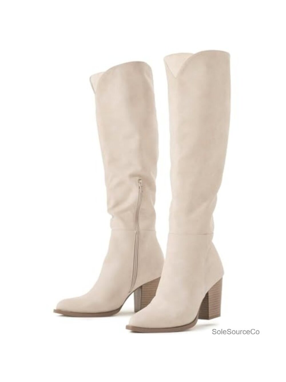 Faux Leather Knee High Western Boots Pointed Toe Chunky Heel